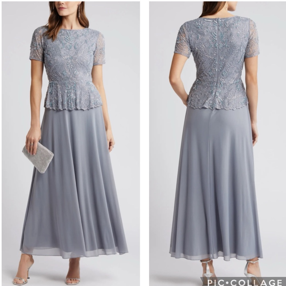 Pisarro Nights Beaded Peplum‎ Bodice A-Line Gown Sea Blue 6